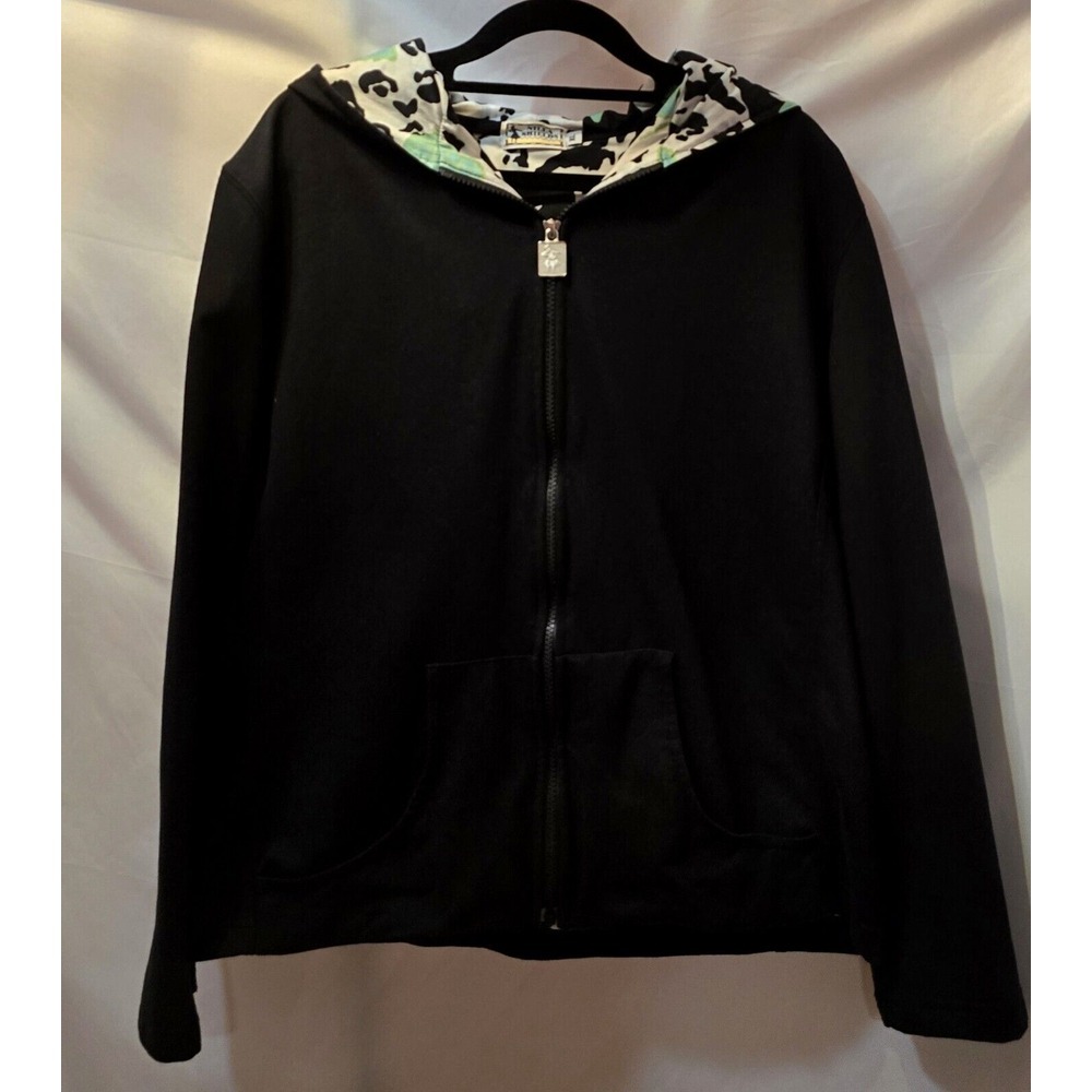 Nilla Shields Black Cotton Blend Green Butterflies Full Zip Hoodie Size XL